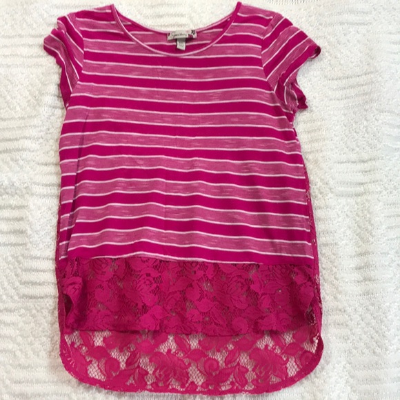 Girls Pink Striped And Lace Top - Picture 1 of 2